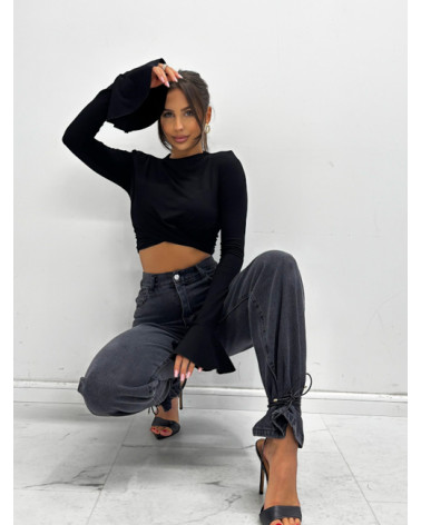 KRÓTKA BLUZKA Z RĘKAWEM DZWONEK CZARNA EMO