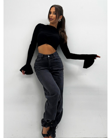 KRÓTKA BLUZKA Z RĘKAWEM DZWONEK CZARNA EMO