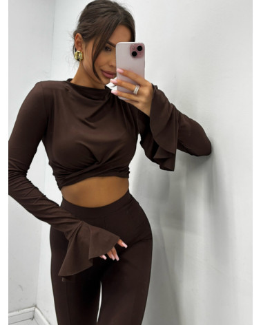 KRÓTKA BLUZKA Z RĘKAWEM DZWONEK CZEKOLADA EMO