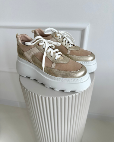 STYLOWE BEŻOWO-ZŁOTE SKÓRZANE SNEAKERSY DAMSKIE NA MODNEJ PODESZWIE LOOK OFF BALI BEIGE&GOLD