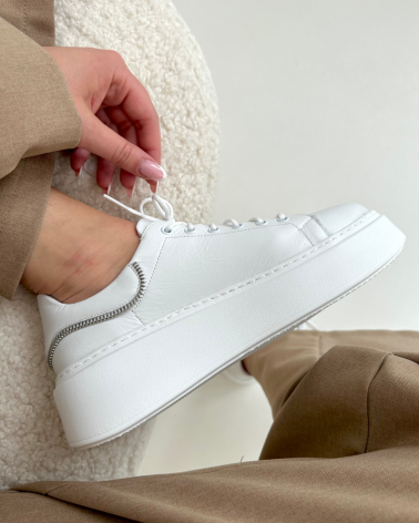 BIAŁE SNEAKERSY NA WYŻSZEJ PLATFORMIE SKÓRA NATURALNA LOOK OFF WHITE ZIP