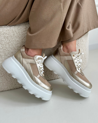 STYLOWE BEŻOWO-ZŁOTE SKÓRZANE SNEAKERSY DAMSKIE NA MODNEJ PODESZWIE LOOK OFF BALI BEIGE&GOLD