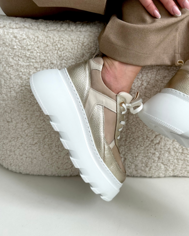 STYLOWE BEŻOWO-ZŁOTE SKÓRZANE SNEAKERSY DAMSKIE NA MODNEJ PODESZWIE LOOK OFF BALI BEIGE&GOLD